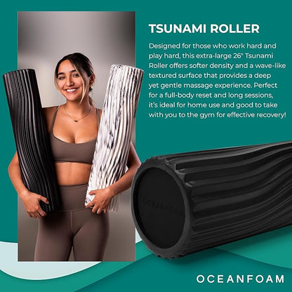Oceanfoam Tsunami Roller (Black) - Soft, Textured Foam Roller for Physical Therapy, Back Pain, Excercise & Stretching - Wave Textured - Yoga, Athletics, & Wellness - Extra-Large, 26" x 5.9"