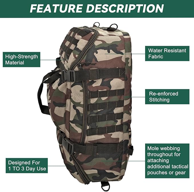 55L Large Duffle Bag, 3-in-1 Tactical Backpack MOLLE Pack for Sports, Gym, Outdoor, Woodland