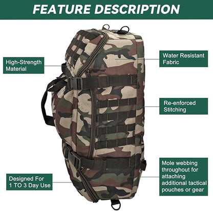 65L Large Duffle Bag, 3-in-1 Tactical Backpack MOLLE Pack for Gym, Sports, Outdoor, Woodland