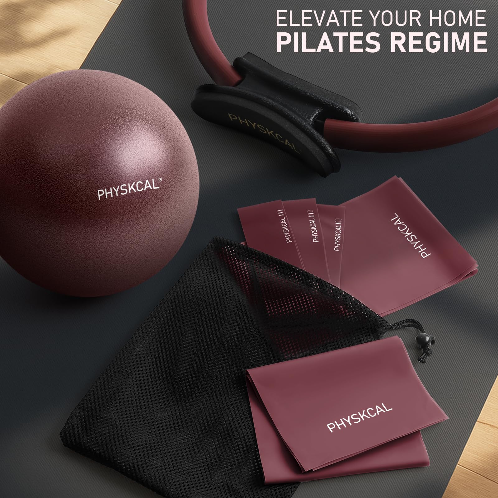PhysKcal Pilates Kit, 15-Inch Pilates Ring with Pilates Ball & Bands, Plum
