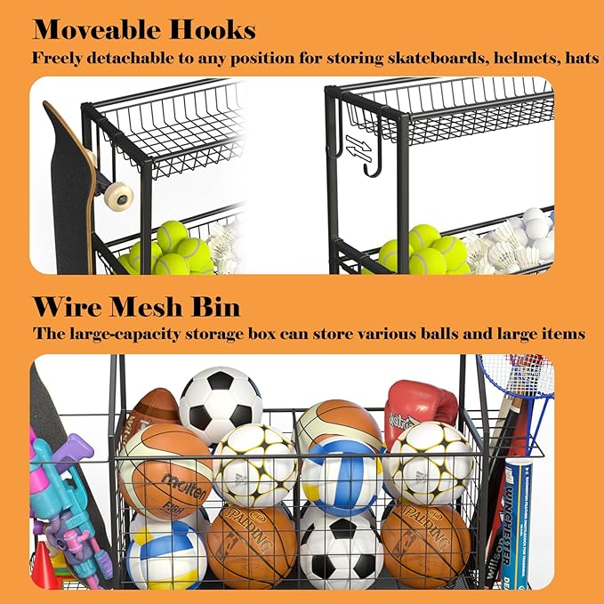Sports Equipment Organizer, Garage Ball Storage Racks - Outdoor Toy Storage with 2 Side Racks & Removable Baskets, Heavy-Duty Garage Rolling Ball Cart with Wheels, Hooks for Sports Gear, Toys