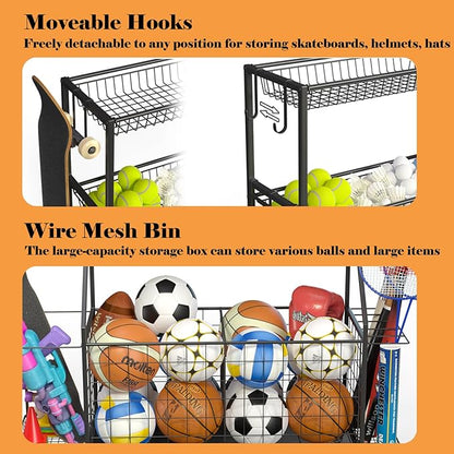Sports Equipment Organizer, Garage Ball Storage Racks - Outdoor Toy Storage with 2 Side Racks & Removable Baskets, Heavy-Duty Garage Rolling Ball Cart with Wheels, Hooks for Sports Gear, Toys