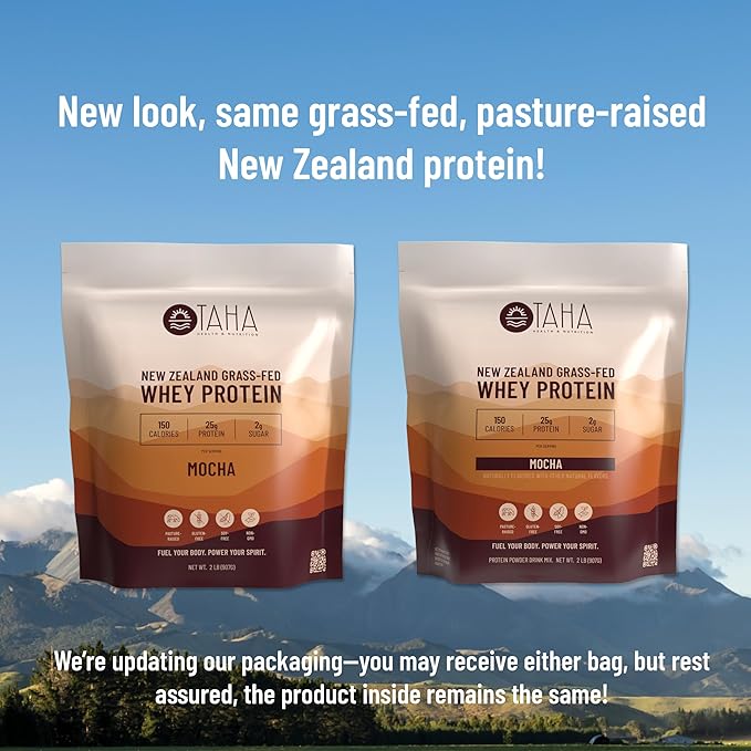 Taha Health & Nutrition Mocha Flavored Whey Protein Concentrate Powder, 25g Protein, 140 Calories, 2g Sugar | New Zealand Grass-Fed, Free-Range Dairy | Gluten and Soy Free, Keto, Kosher | 2LB