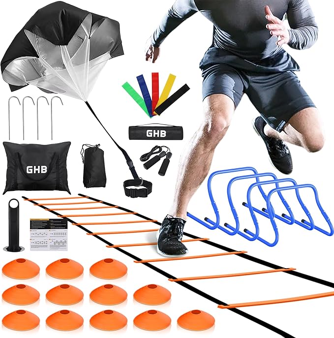 GHB Agility Ladder,Football Training Equipment Set,4 Agility Hurdles, 20 feet12 Rungs Speed Ladder,12 Disc Cones,Resistance Parachute, Jump Rope, 5 Resistance Bands