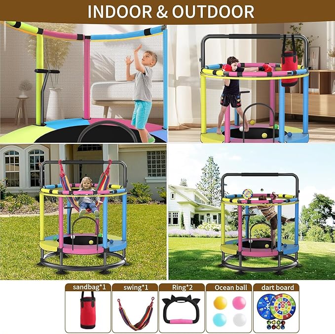 Trampoline for Kids, Full Anti-Rust 440lbs Anti-Rollover Round Bottom Toddler Trampoline, T-handrail Adjustable Baby Toddler Trampolines Dart Board