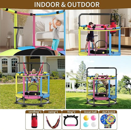 Trampoline for Kids, Full Anti-Rust 440lbs Anti-Rollover Round Bottom Toddler Trampoline, T-handrail Adjustable Baby Toddler Trampolines Dart Board