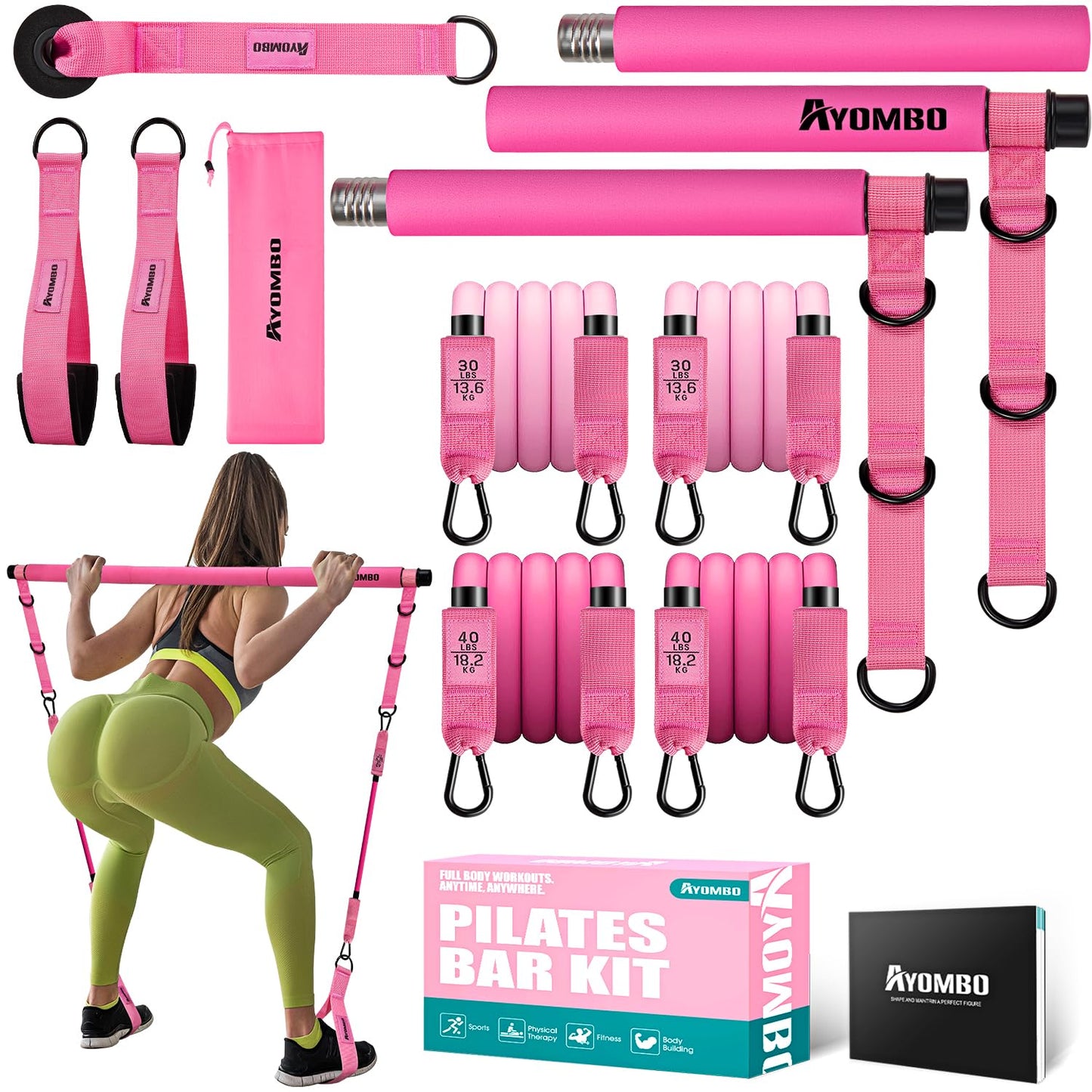 Ayombo Pilates Bar Kit with Resistance Bands, Adjustable Pilates Equipment for Legs, Hip, Waist