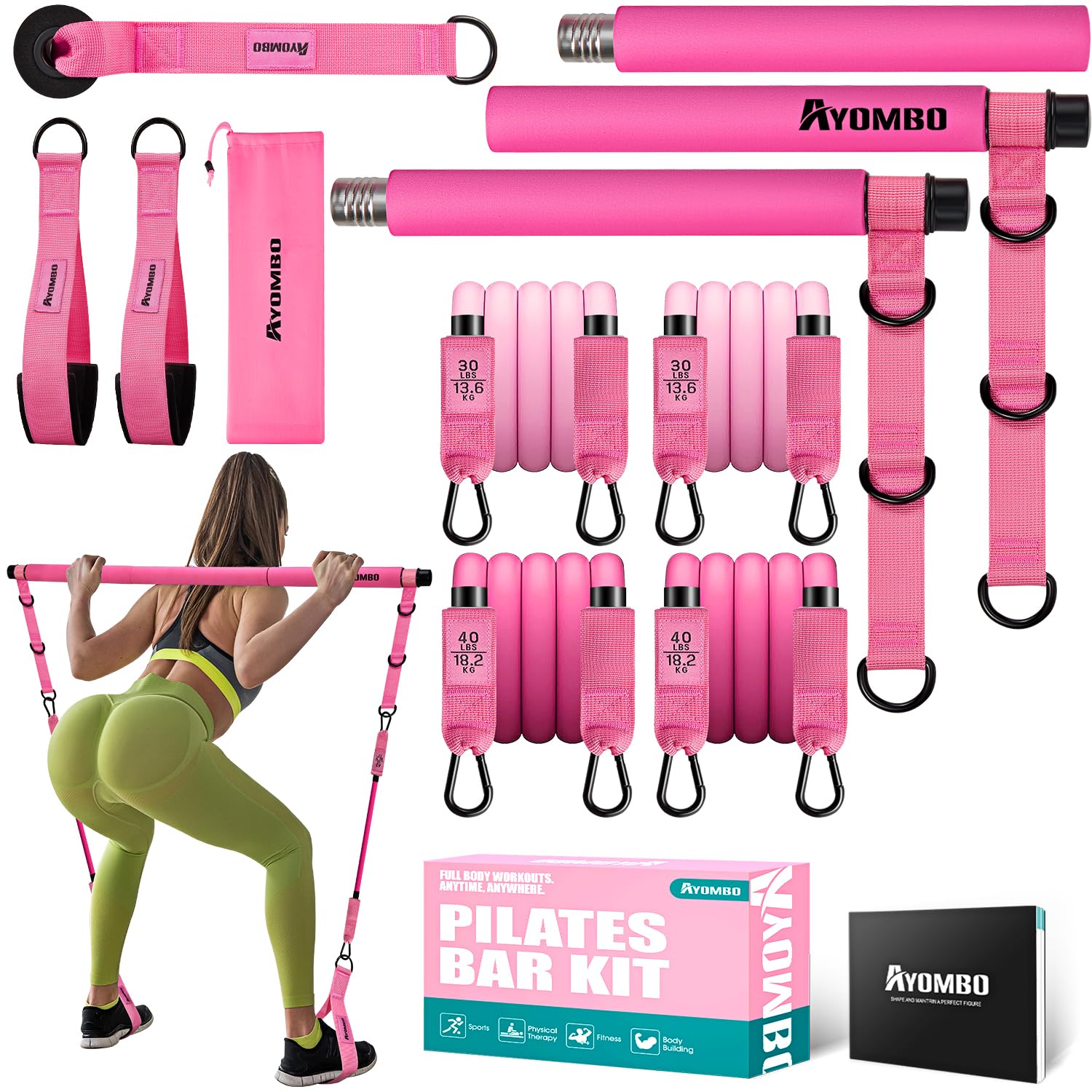 Ayombo Pilates Bar Kit with Resistance Bands, Adjustable Pilates Equipment for Legs, Hip, Waist