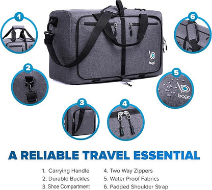 Bago Foldable Duffel Bags for Traveling Women & Men - 40L Sports Packable Duffle Bag for Travel with Shoe Compartment - Water Repellant, Heavy Duty, Lightweight Folding & Collapsible (SnowBlack)