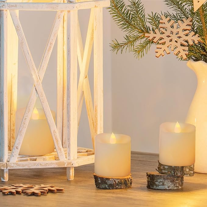 3x3 Flickering Flameless Candles Set of 3,3 inch Real Wax LED 600 Hours Battery Candles with Timer Remote,Control for Wedding Party Indoor,Ivory