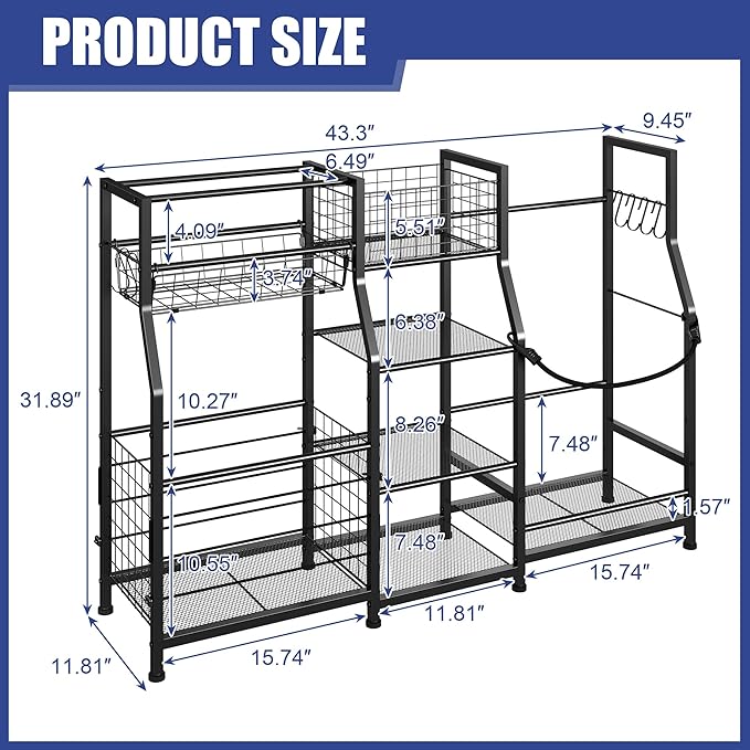 Sports Equipment Organizer Golf Bag Stand Golf Storage Organizer for Garage with Basket and Hooks, Storage Rack for 2 Golf Bag,Two Assembly Methods