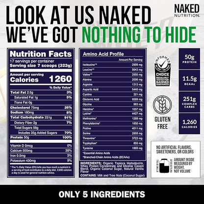 NAKED Vanilla Mass - All Natural Vanilla Weight Gainer Protein Powder - 12LB Bulk, GMO Free, Gluten Free & Soy Free, No Artificial Ingredients - 1,260 Calories - 17 Servings
