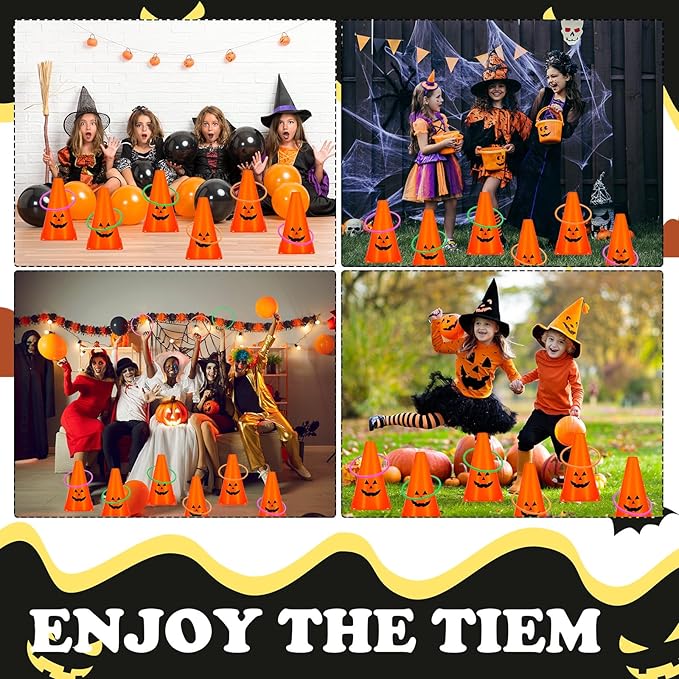 24 PcsHalloween Ring Toss Game Outdoor Carnival Party Games Include 6 Plastic Cones 18 Toss Rings for Halloween Party Games Indoor Outdoor Yard Activities