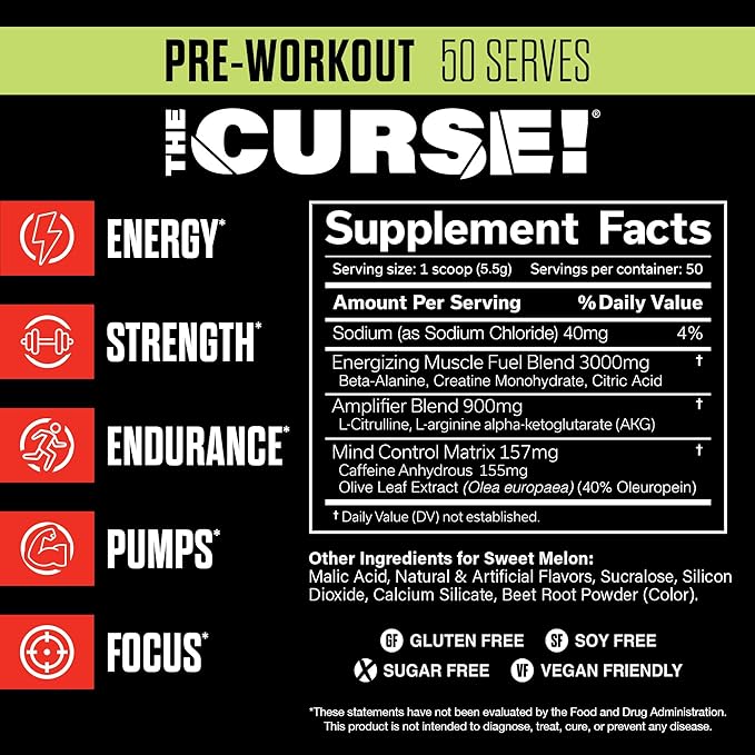 JNX SPORTS The Curse! Pre Workout Powder for Men & Women, Caffeine, Beta-Alanine, Creatine, L-Citrulline, 50 Servings, Sweet Melon Flavor ??Boost Energy, Strength & Focus