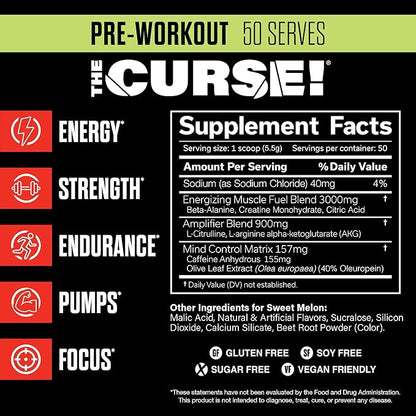 JNX SPORTS The Curse! Pre Workout Powder for Men & Women, Caffeine, Beta-Alanine, Creatine, L-Citrulline, 50 Servings, Sweet Melon Flavor ??Boost Energy, Strength & Focus