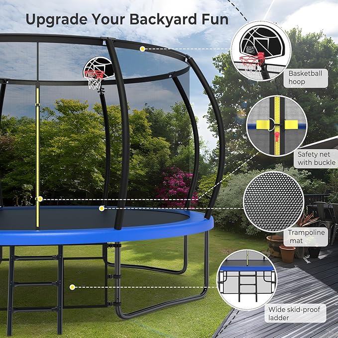 12 14 15 16FT Outdoor Trampolines for Kids and Adults, Pumpkin Trampolin with Curved Poles, Recreational Trampolin with Basketball Hoop and Safety Enclosure Net for Kids and Adults