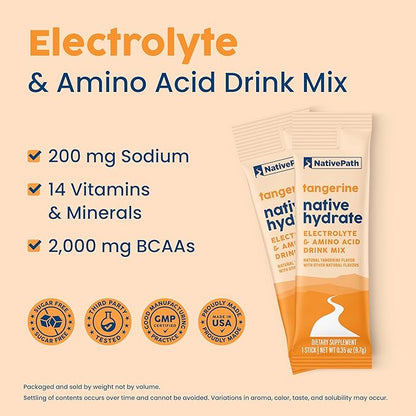 NativePath Native Hydrate Stick Packs, Sugar Free Electrolytes Powder with BCAAs, Tangerine Hydration, Keto & Paleo Friendly, 30 Servings