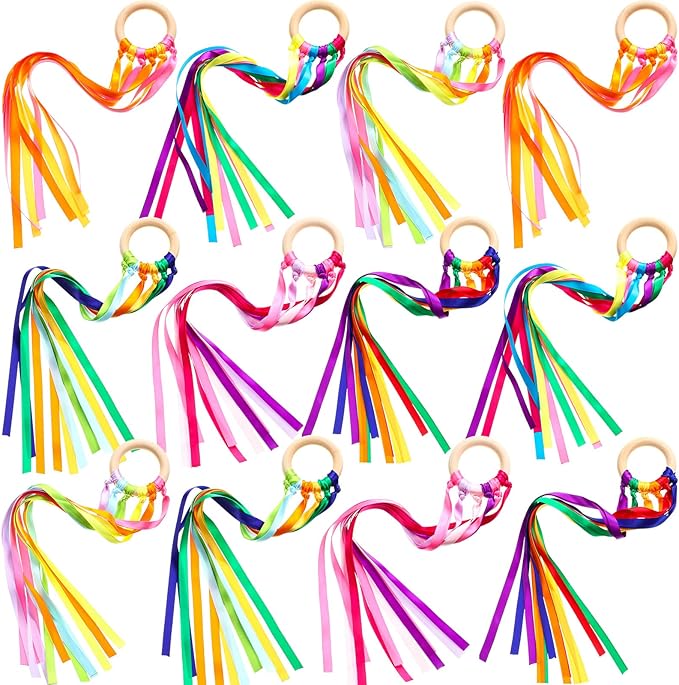 12 Pcs Rainbow Ribbon Wooden Waldorf Toys Creative Waldorf Hand Kite Set Streamers with Wood Ring Sensory Learning Educational Toy for Playroom Dancing Birthday (Bright Color)
