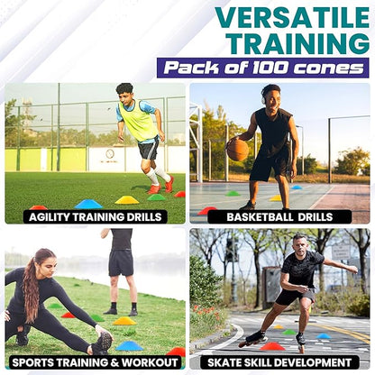 Soccer Cones 100/50/25 Pack with Carry Bag & Holder Five Colors | Agility Disc Cones Set for Training | Sports Practice Equipment for Soccer, Football, Basketball, Coaching & Speed