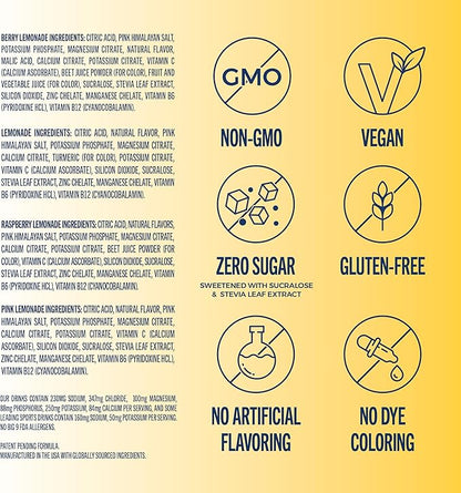 TREVI™ Sugar Free Electrolytes - Drink Mix Hydration Powder Packets - 28 Count - Lemonade Variety Pack - Lemonade, Pink Lemonade, Raspberry Lemonade, Berry Lemonade