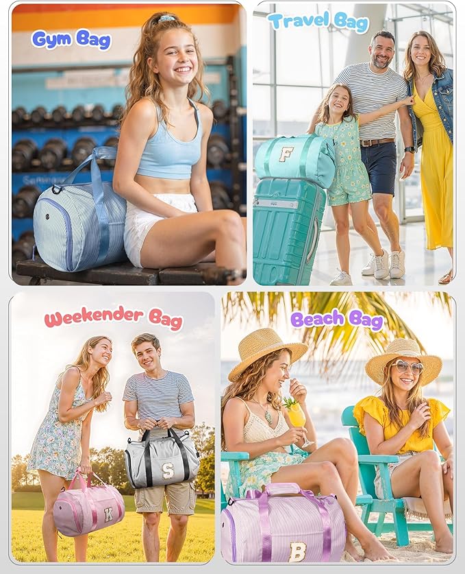 Teen Girl Gifts Trendy Stuff, Girl Gym Bag, Kids Monogram Overnight Duffel Bags with Shoe Compartment, Personalized Travel Bag with Makeup Pouch, Preppy Things for Daughter (Letter E)