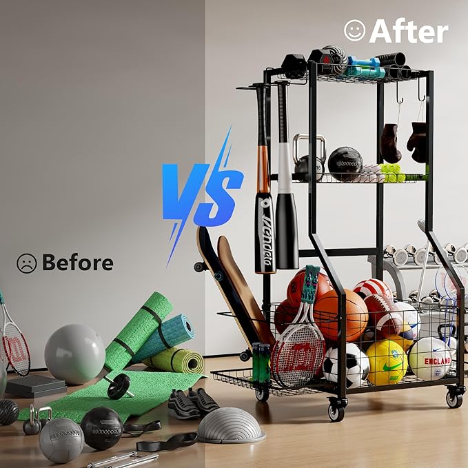 Sports Equipment Organizer, Outdoor Toy Storage Garage Organization - Ball Storage Racks with 2 Side Racks & Durable Baskets, Garage Rolling Ball Cart with Wheels, Hooks for Sports Gear, Bats