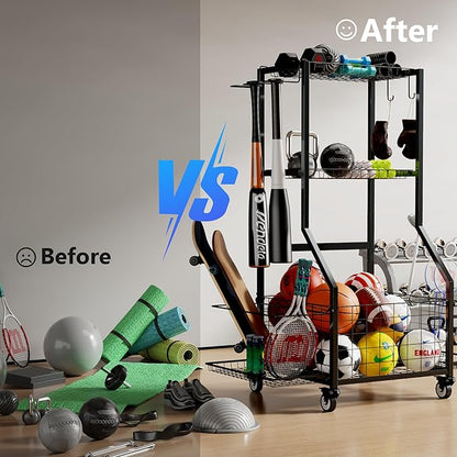 Sports Equipment Organizer, Outdoor Toy Storage Garage Organization - Ball Storage Racks with 2 Side Racks & Durable Baskets, Garage Rolling Ball Cart with Wheels, Hooks for Sports Gear, Bats