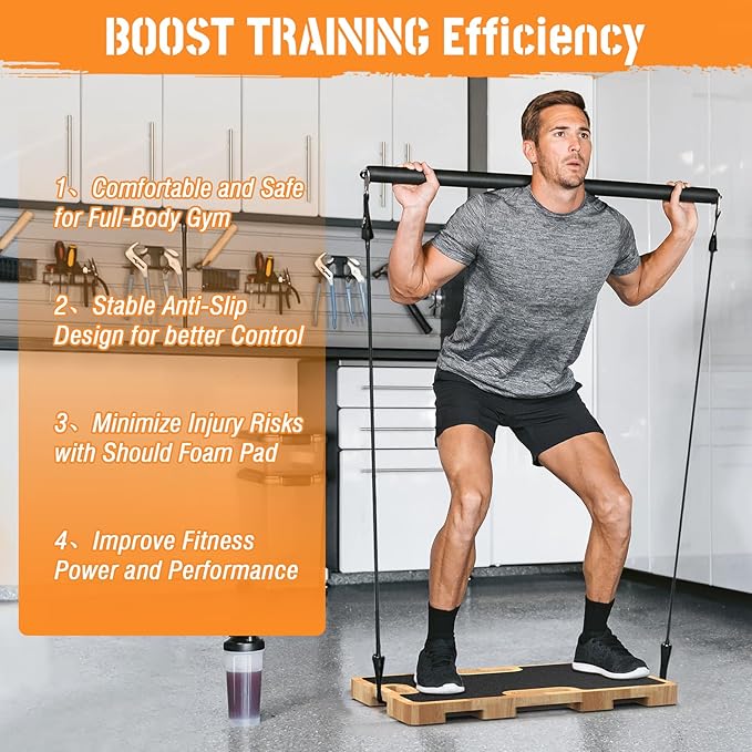 Wooden Fitness Board - Resistance Band Workout Footplate with Foam Pad & Storage Bag - Wood Exercise Step Platform with Non-Slip Surface for Home Body Gym, Strength Training