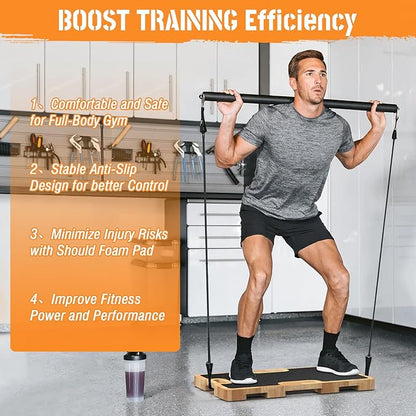 Wooden Fitness Board - Resistance Band Workout Footplate with Foam Pad & Storage Bag - Wood Exercise Step Platform with Non-Slip Surface for Home Body Gym, Strength Training