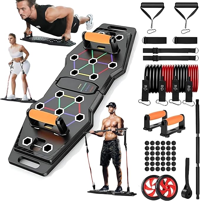 Push Up Board, Portable 25-In-1 Push up Board for Men, | Pilates Bar & Fitness Accessories with Resistance Bands & Ab Roller Wheel, Professional Strength Training Equipment For Man and Women