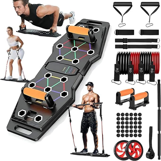 Push Up Board, Portable 25-In-1 Push up Board for Men, | Pilates Bar & Fitness Accessories with Resistance Bands & Ab Roller Wheel, Professional Strength Training Equipment For Man and Women