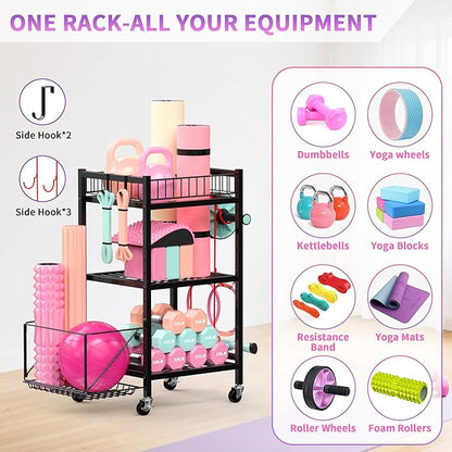 3-Tier Home Gym Storage Rack, Adjustable Yoga Mat Storage Rack, 250LBS Metal Workout Equipment Storage Cart with Large Basket & Lockable Wheels for Mats, Bands, Foam Rollers, Yoga Block (Rack Only)