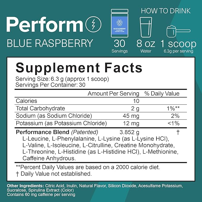 The Amino CO. - Perform Pre Workout Powder Supplement with Pure EAA Amino Acids & Natural Flavor, Stevia Sweetened Preworkout Energy Boost for Men & Women - Blue Raspberry (6.7 oz)
