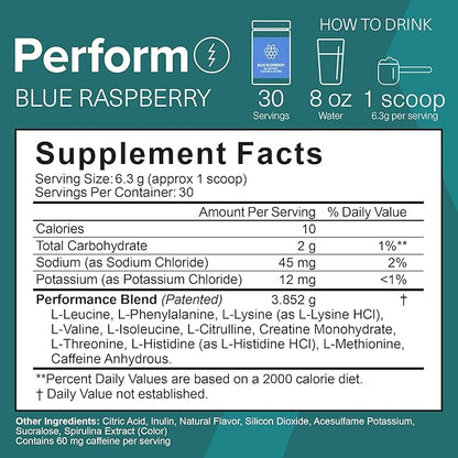 The Amino CO. - Perform Pre Workout Powder Supplement with Pure EAA Amino Acids & Natural Flavor, Stevia Sweetened Preworkout Energy Boost for Men & Women - Blue Raspberry (6.7 oz)