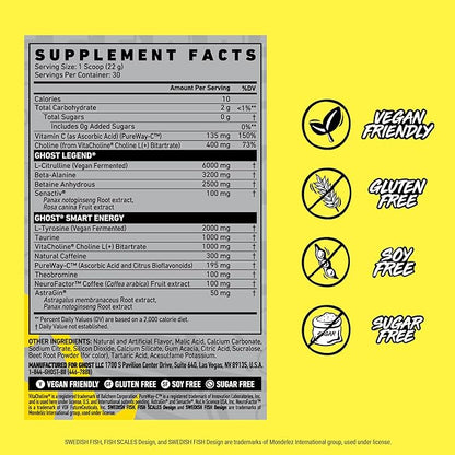 GHOST Legend Pre-Workout Powder, Swedish Fish - 30 Servings ??Pre-Workout for Men & Women with Caffeine, Choline, L-Citrulline, & Beta Alanine for More Pumps, Energy & Focus - Vegan Friendly
