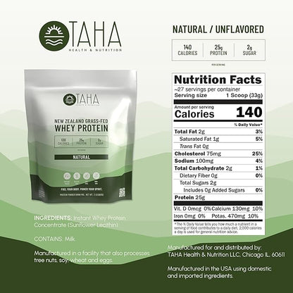 Taha Health & Nutrition Natural Unflavored Whey Protein Concentrate Powder, 25g Protein, 140 Calories, 2g Sugar | New Zealand Grass-Fed, Free-Range Dairy | Gluten and Soy Free, Keto, Kosher | 2LB