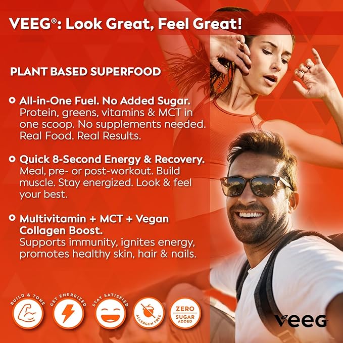 Veeg All-in-One Protein Smoothie Powder - Plant Based Protein Powder, Superfoods, Organic Greens, MCT Powder, Probiotics, Multivitamins for Men & Women, Sugar-Free, 15 Servings (Vanilla)