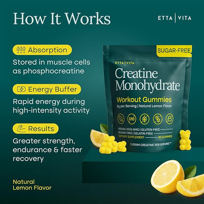 Sugar-Free Creatine Monohydrate Gummies 5gram per Serving, Potent Creatine Gummies for Men & Women, Supplement for Muscle Support, Cellular Energy & Cognitive Function, Gluten-Free