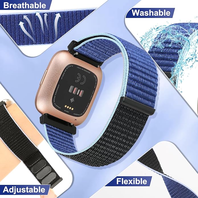 Tiptops 3 Pack Bands Compatible with Fitbit Versa 2/Fitbit Versa/Versa Lite/Versa SE for Women Men, Soft Nylon Sports Loop Replacement Wristband for Fitbit Versa 2 Straps