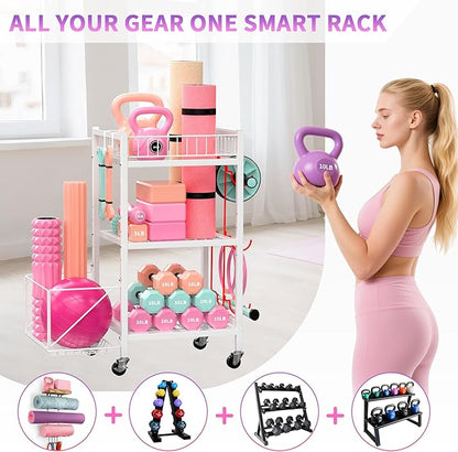 3-Tier Home Gym Storage Rack, Adjustable Yoga Mat Storage Rack, 250LBS Metal Workout Equipment Storage Cart with Large Basket & Lockable Wheels for Mats, Bands, Foam Rollers, Yoga Block (Rack Only)