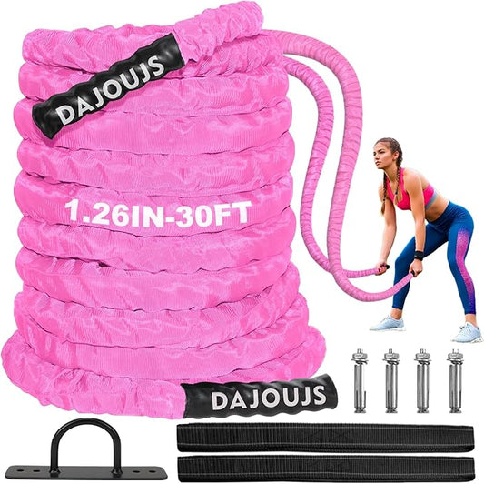 Battle Ropes for Home Gym,1.26inch 30ft Long Pink Battle Ropes with Protective Cover - Workout Equipment Heavy Exercise Rope for Strength Training for Kids or Adults