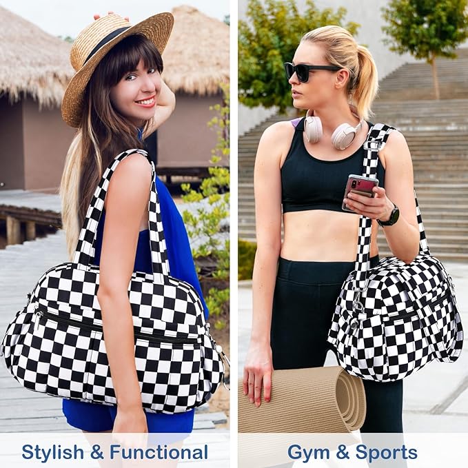 TOPDesign Travel Duffel Bag for Women, Puffer Gym Bag Sports Tote with Wet Pocket, Carry On Weekender with Luggage Sleeve (Checkerboard)