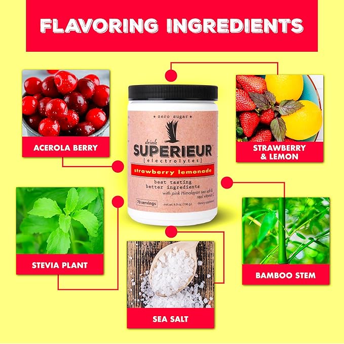Superieur Electrolyte Powder Packets- Vegan Electrolyte Hydration Powder w/Sea Minerals- Keto Friendly, Non-GMO, Zero Sugar Electrolyte Supplement-Healthy Sports Drink-Strawberry Lemonade (14 Packets)