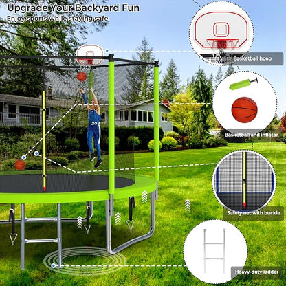 Upgraded 10/12/14/15/16FT Trampoline Outdoor, Large Kids Trampoline with Light, Stakes, Sprinkler, Backyard Trampoline with Basketball Hoop and Net, Capacity for 4-6 Kids and Adults