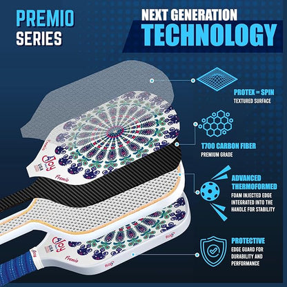 4Joy Pickleball Paddle Premio Series - Thermoformed Premium T700 Carbon Fiber Pickleball Paddless - Professional Pickleball Rackets for Women & Men - 16mm Honeycomb Core - USAP Approved
