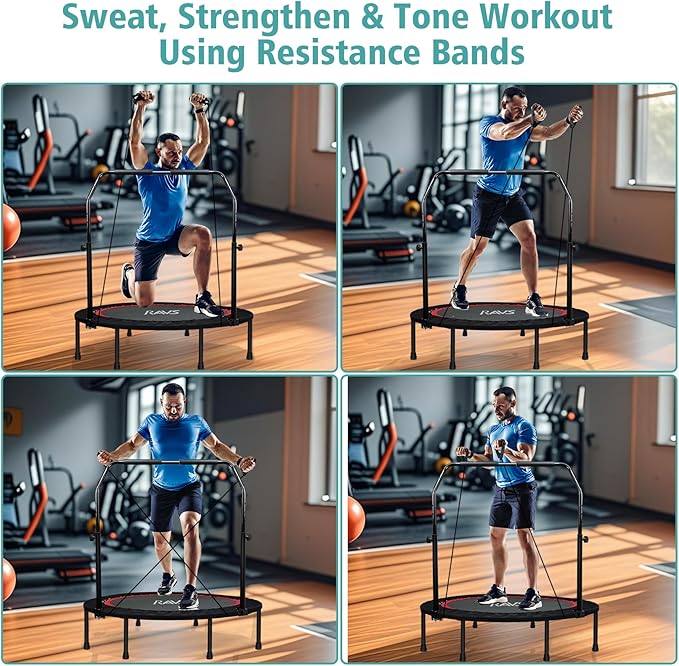 RAVS Mini Trampoline for Kids Adults 40"/48" Foldable Fitness Rebounder Kids Trampoline with 5 Levels Height Adjustable Handle Resistance Bands Indoor Workout
