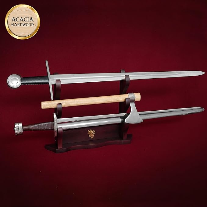 Mythrojan Medieval Sword Stand Solid Wood Horizontal Display Rack for Katana, Samurai, Gladiator, Crusader Swords Elegant Tabletop Holder, 3-Tier - Dark Brown