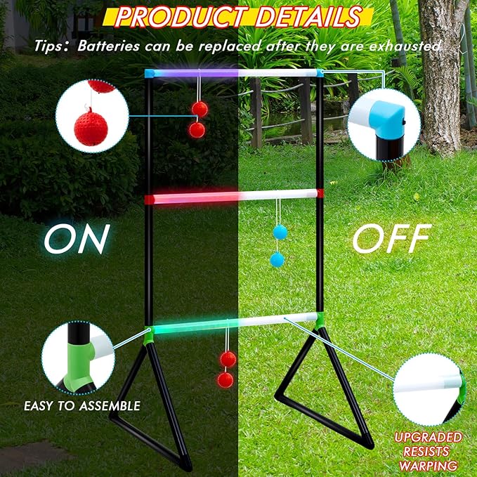 Sosation Light up Ladder Ball Set 6 Glow in The Dark Ball 2 LED Ladder Toss Outdoor Lawn Toss Game with Bag for Indoor Lawn Camping Beach Backyard Games