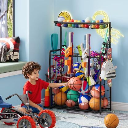 Large Sports Equipment Organizer, Garage Storage Ball Rack with Elastic Straps and 3 Hooks, Outdoor Toy Organizer Stand, Garage Organization Storage Rack for Basketball, Football, Soccer, Volleyball