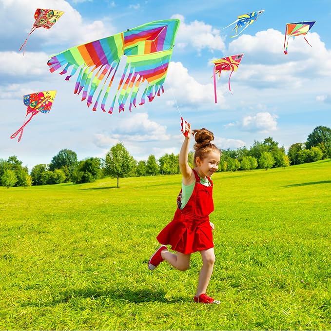 8 Pack Kites for Kids Butterfly Fish Rainbow Delta Pattern with 8 Pcs 109 Yard Kite String Large Easy to Fly for Children Adults Spring Outdoor Beach Games